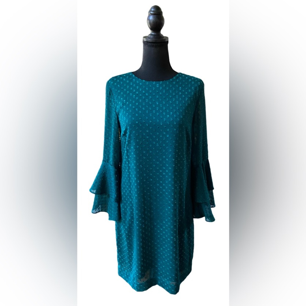 H&M: Green Swiss Dot Dress with Flare Bell Sleeves